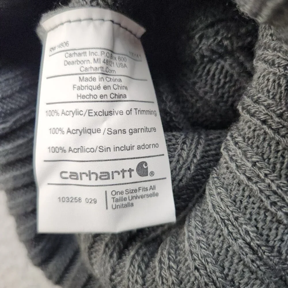 Carhartt Rexburg Hat Gray Beanie Sock Hat Gray Winter Outdoors Cuffed Pom Pom - Picture 3 of 4